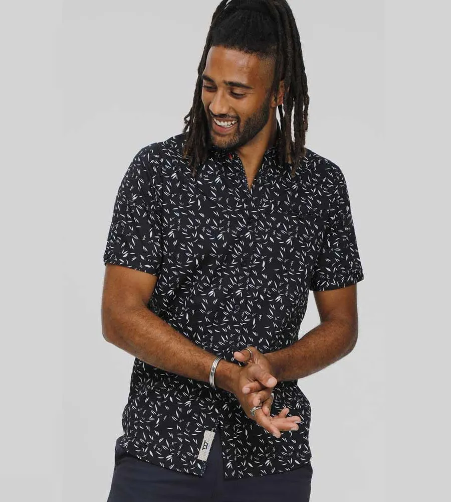 D555 Mens Navy Short Sleeve Shirt With Micro Leaf Print (BEAU)